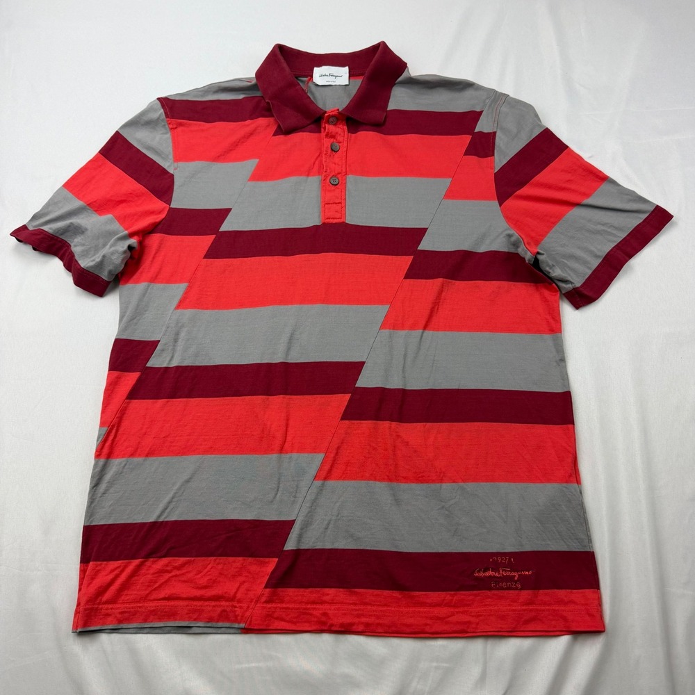 Salvatore Ferragamo Polo Shirt Mens XL Red Gray Striped Cotton Made In Italy